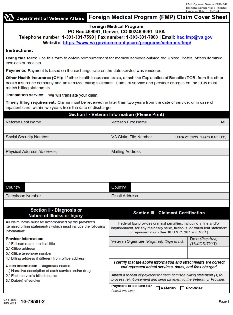 VA Form 10 7959f 2 Foreign Medical Program FMP Claim Cover Sheet 