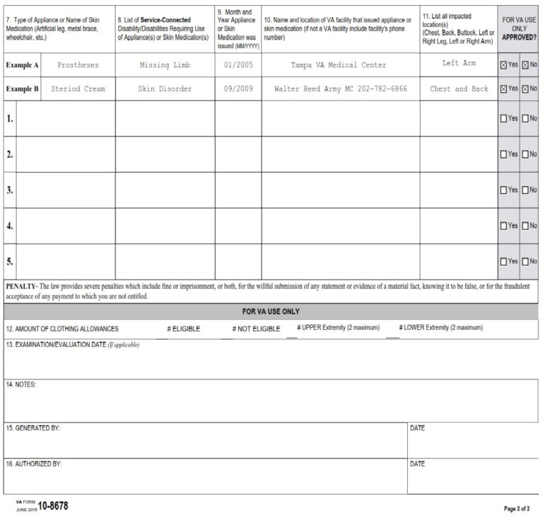 VA Form 108678 Application for Annual Clothing Allowance VA Forms