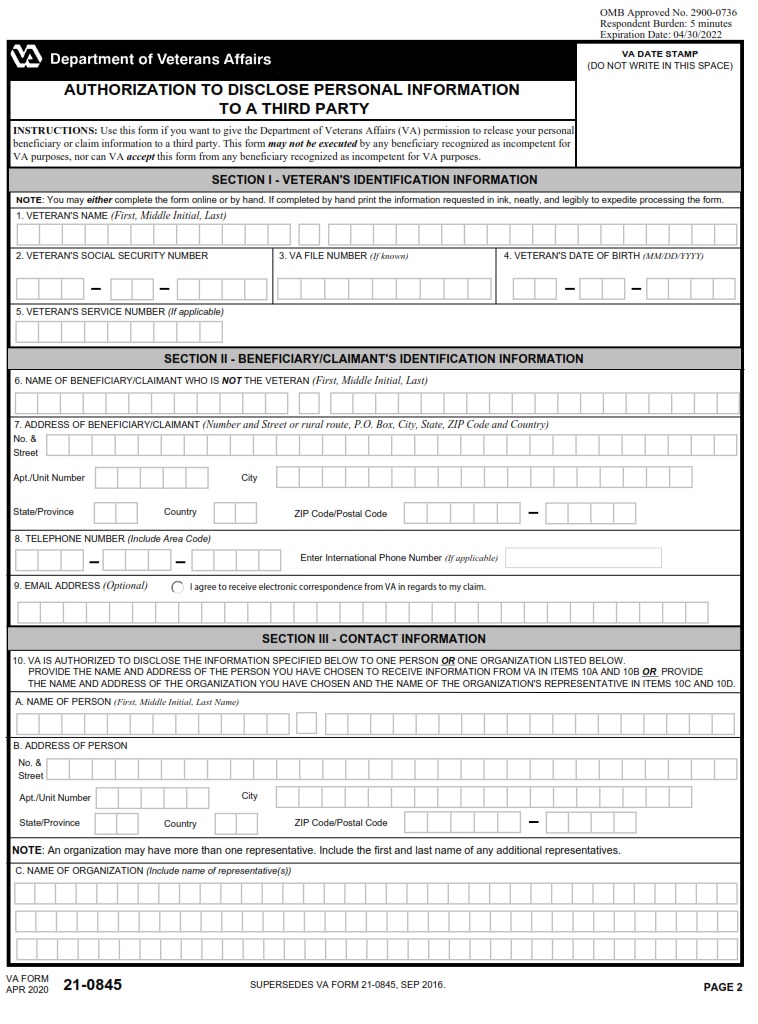 VA Form 21-0845 - Page 1