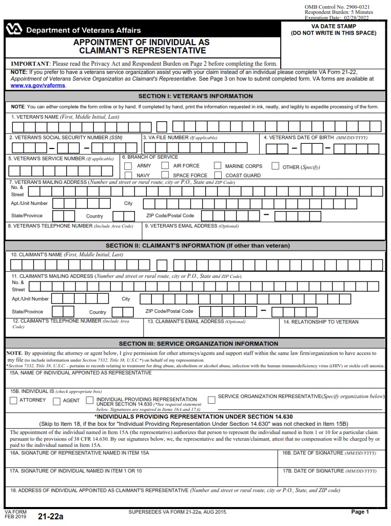 VA Form 21 22A Appointment Of Individual As Claimant s Representative VA Forms