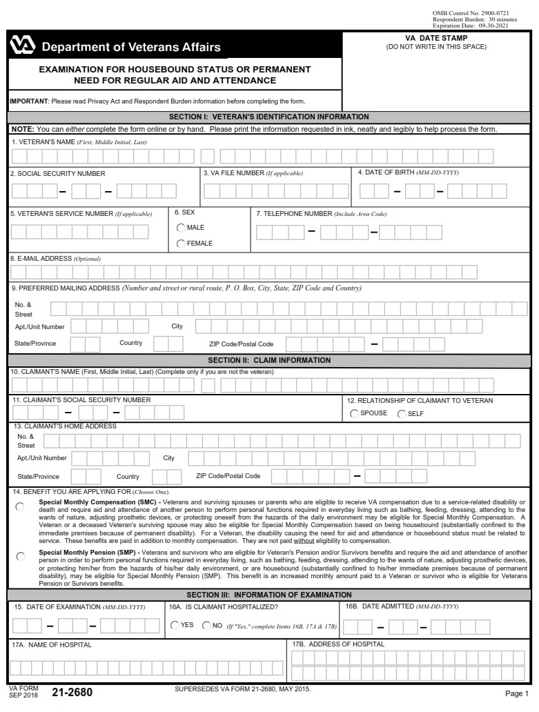 VA Form 21 2680 Examination For Housebound Status Or Permanent Need For Regular Aid And