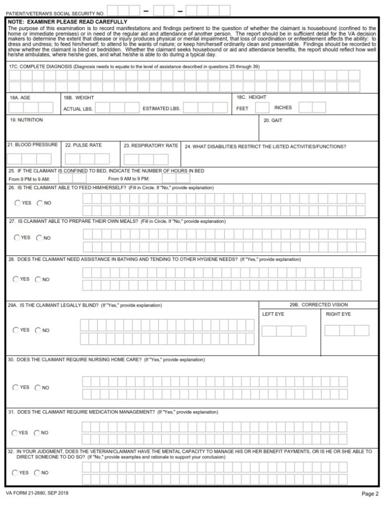 VA Form 212680 Examination for Housebound Status or Permanent Need