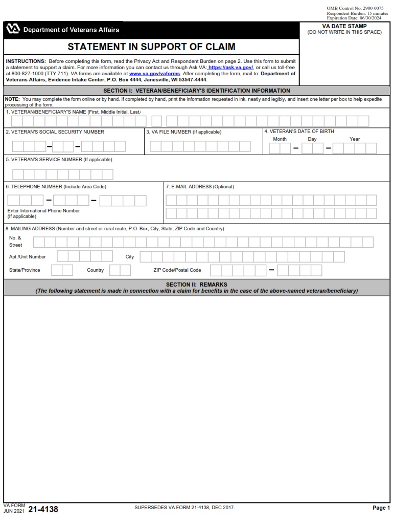 VA Form 21-4138 - Page 1