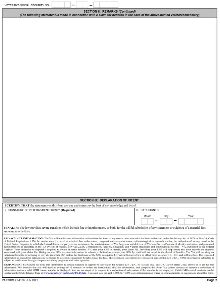 VA Form 21-4138 – Veterans Benefits Administration - VA Forms