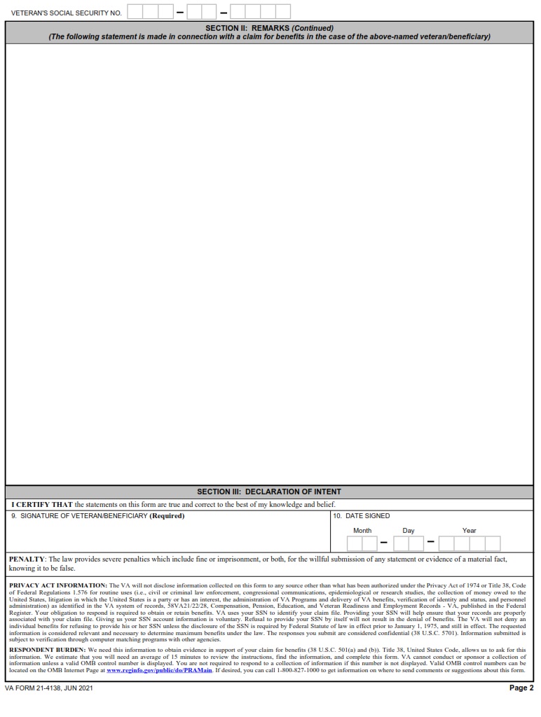 VA Form 21-4138 - Page 2