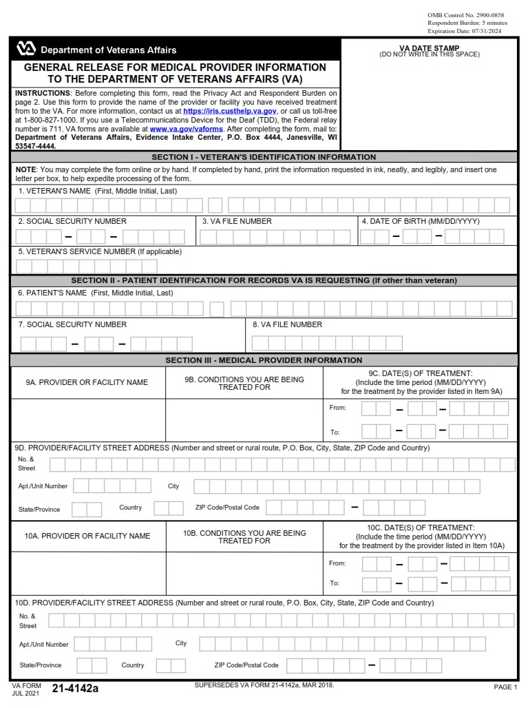 VA Form 21 4142A General Release For Medical Provider Information To The Department Of