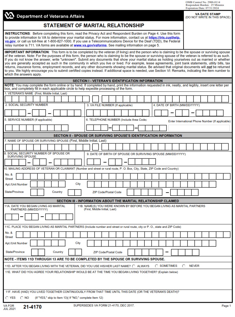 VA Form 21 4170 Statement Of Marital Relationship VA Forms