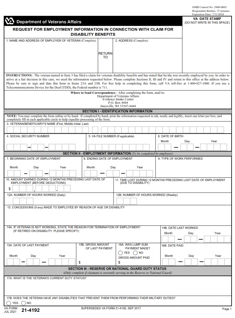 VA Form 21-4192 - Page 1