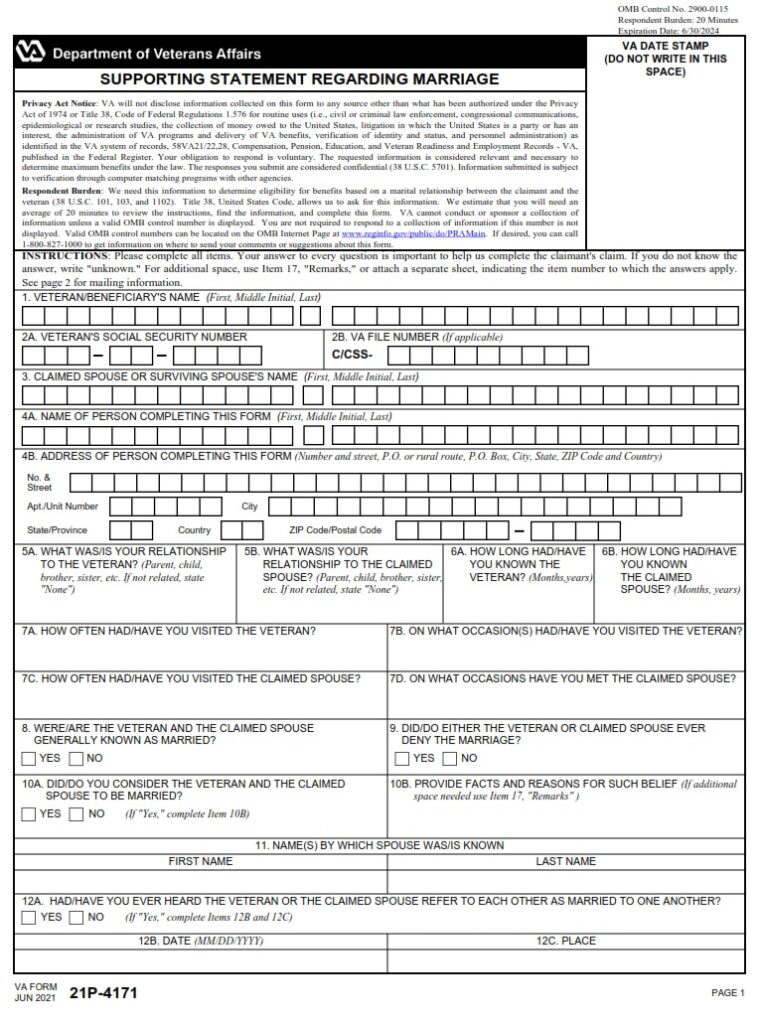 VA Form 21P 4171 Supporting Statement Regarding Marriage VA Forms VA Form 21P 4171 Supporting Statement Regarding Marriage VA Forms