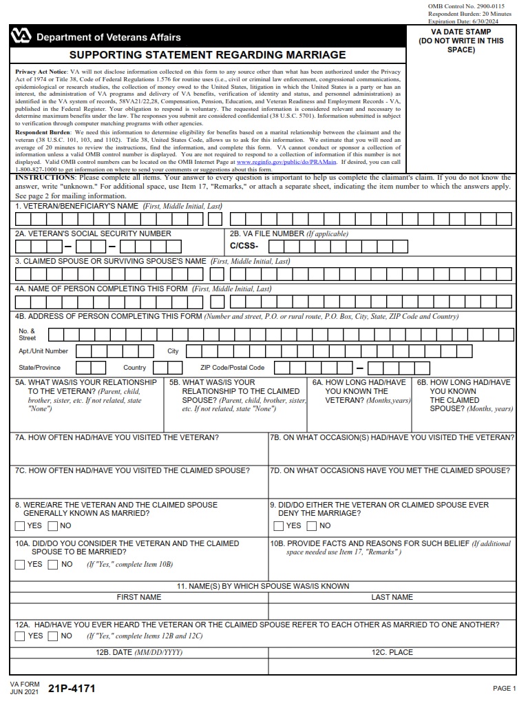 VA Form 21P-4171 - Page 1