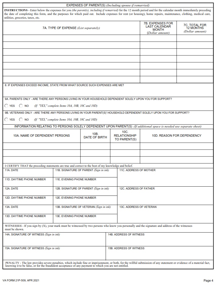 VA Form 21P-509 - Page 2
