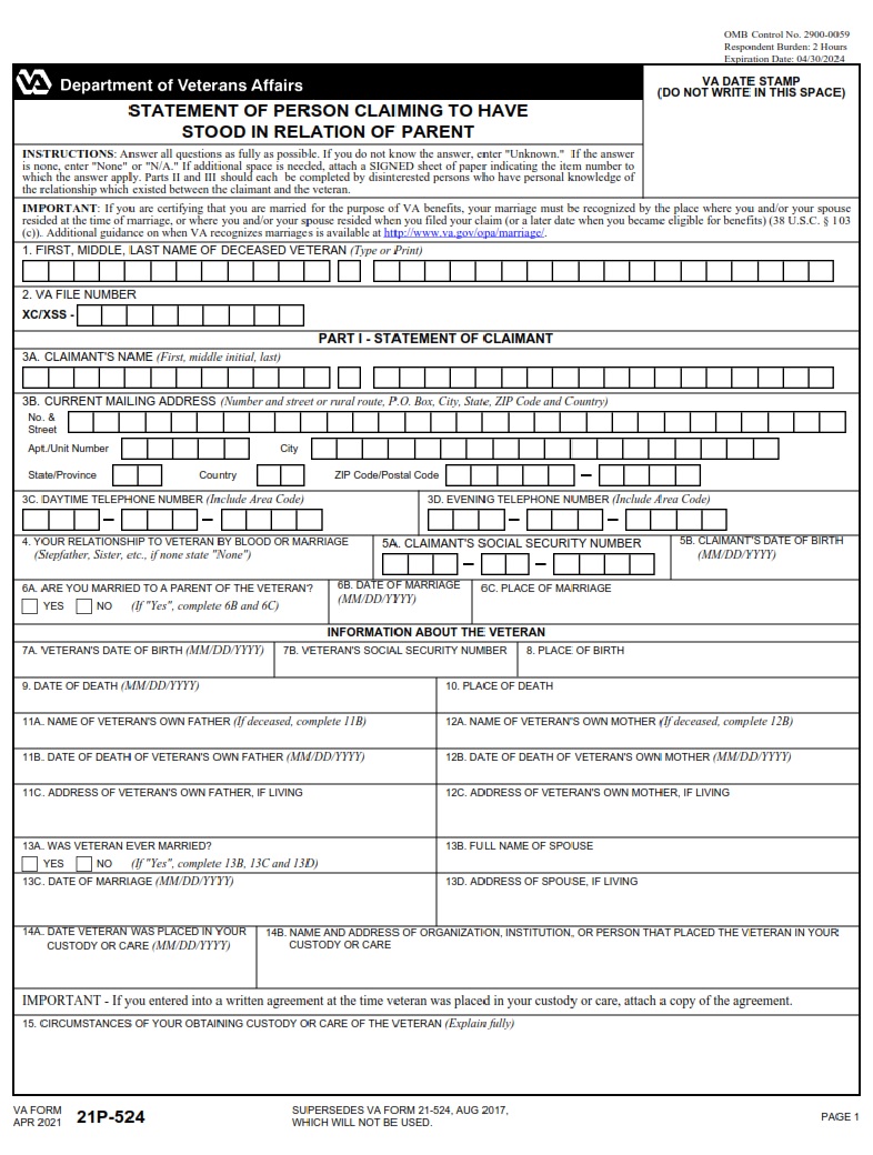 VA Form 21P-524 - Page 1