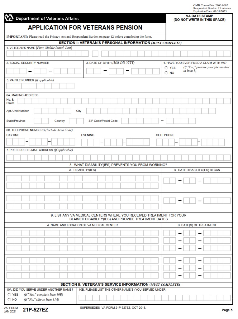 VA Form 21P 527EZ Application For Veterans Pension VA Forms