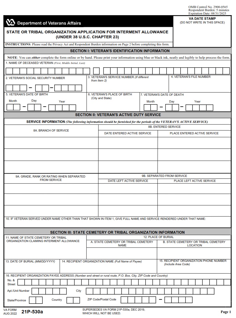 VA Form 21P-530a - Page 1