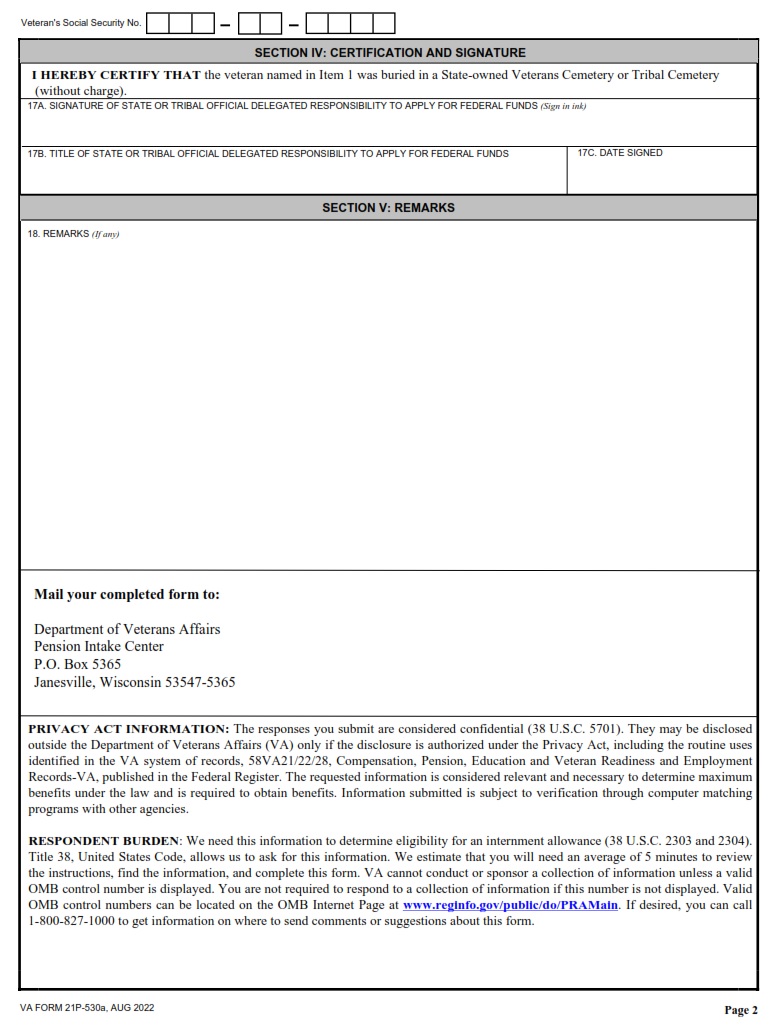 VA Form 21P-530a - Page 2