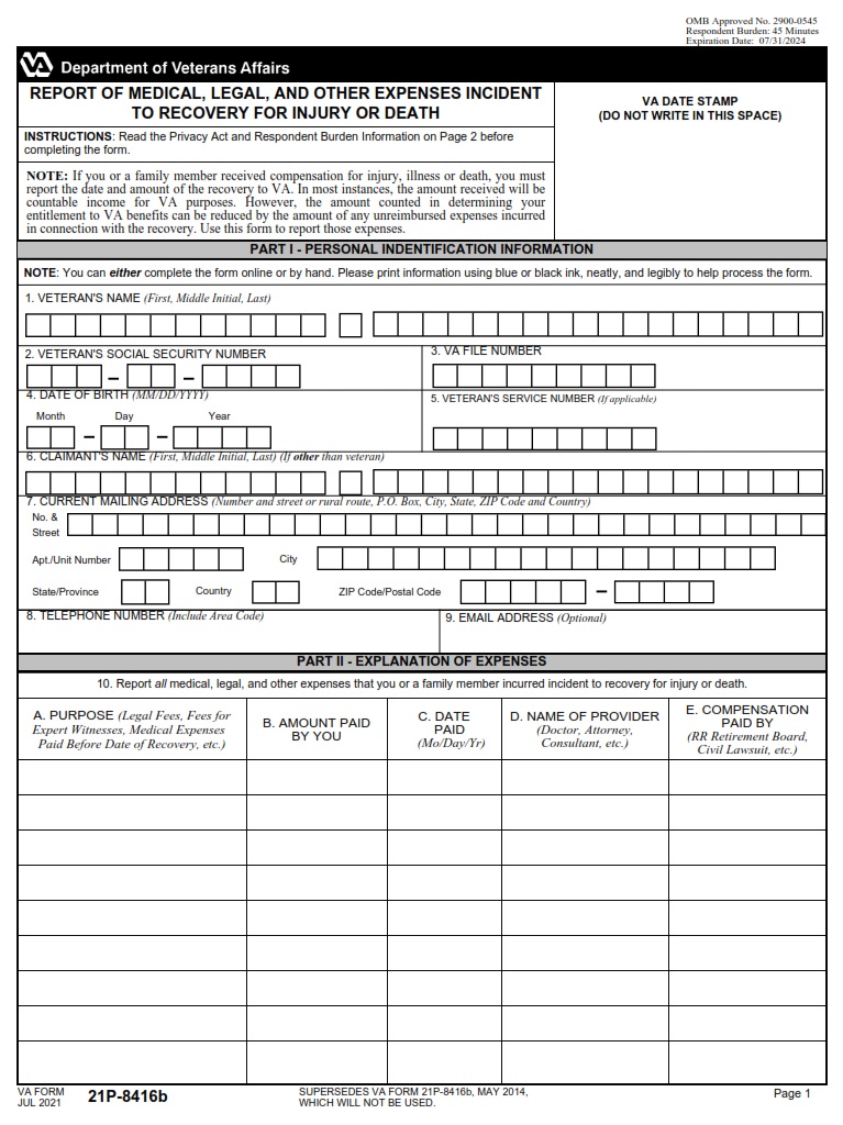 VA Form 21P-8416b - Page 1