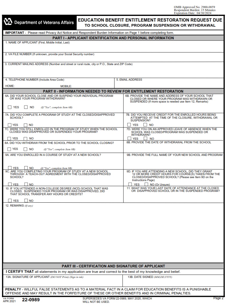 VA Form 22-0989 - Page 1