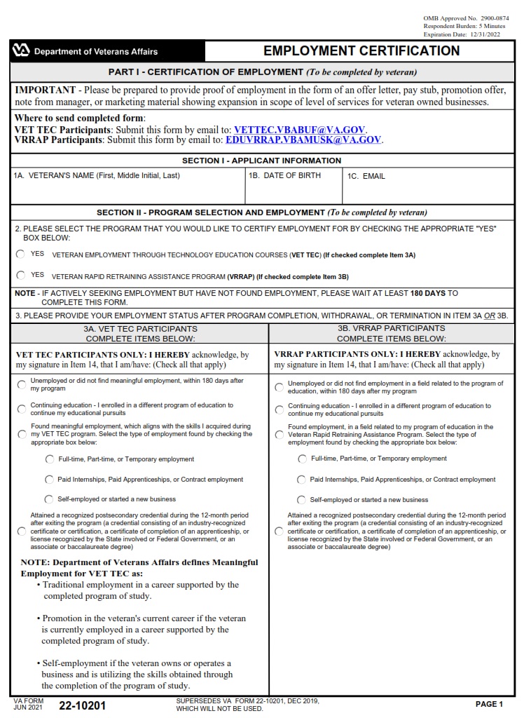 VA Form 22-10201 - Page 1