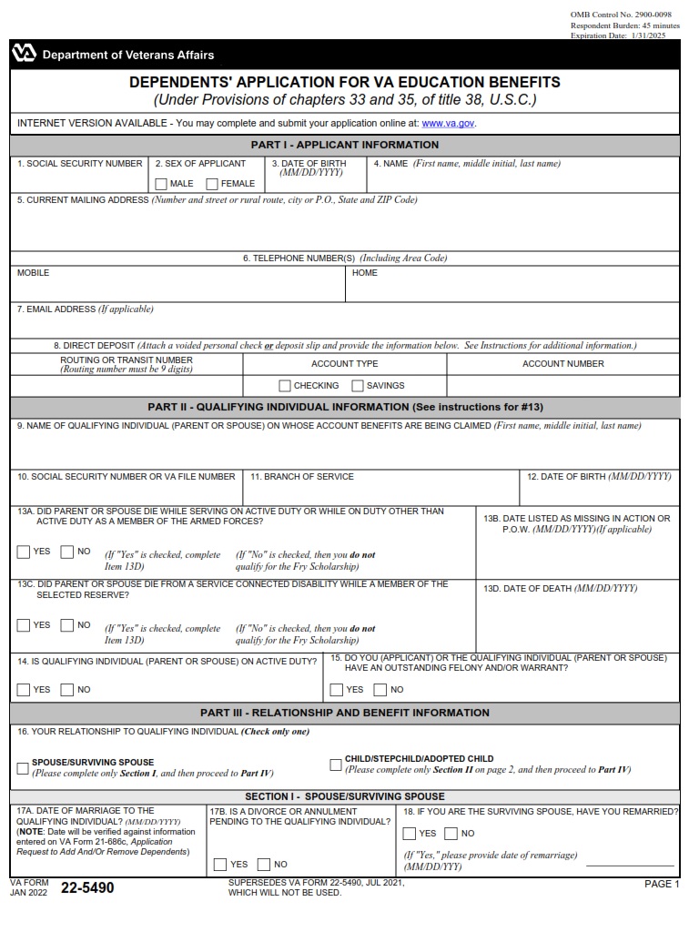 VA Form 22-5490 - Page 1