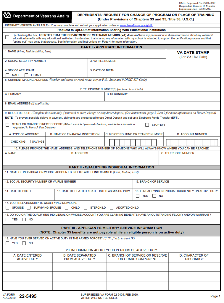 VA Form 22-5495 - Page 1