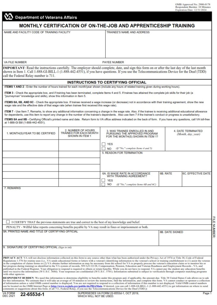 VA Form 226553d1 Monthly Certification of OntheJob and