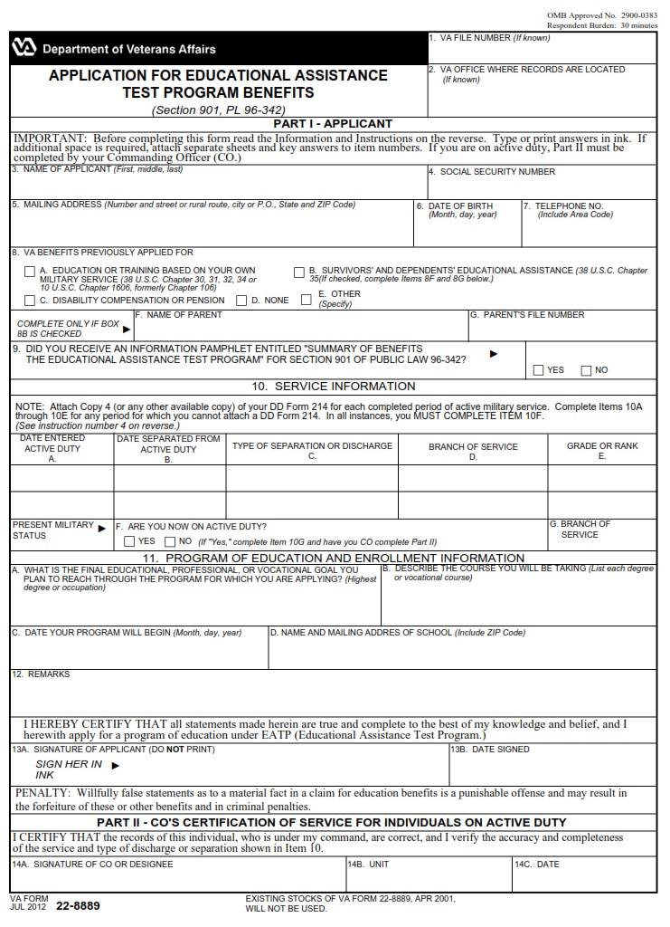 VA Form 22-8889