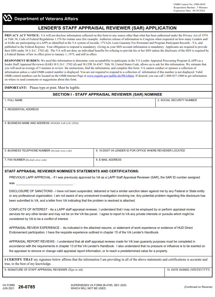 VA Form 26-0785 - Page 1