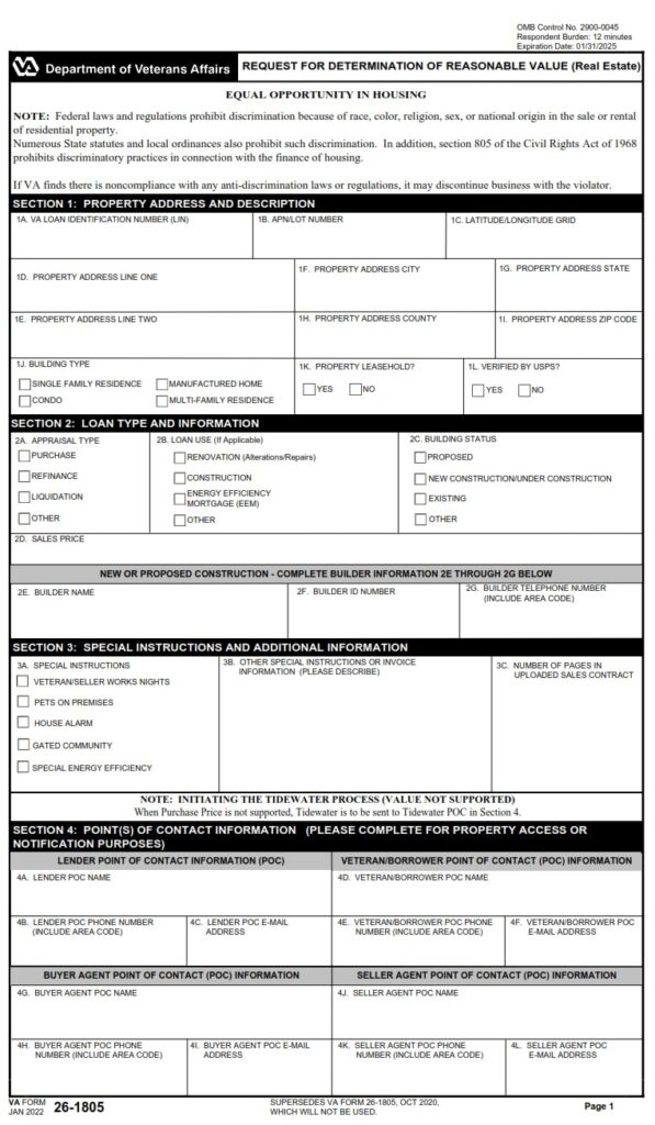 VA Form 26-1805 – Request for Determination of Reasonable Value (Real ...