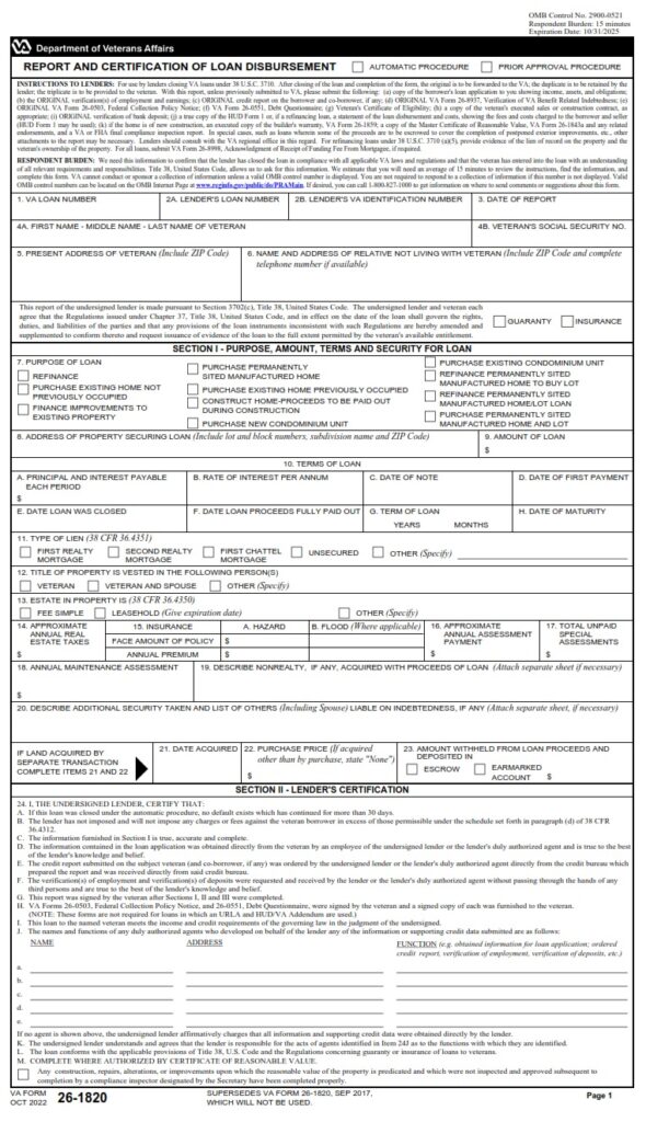 VA Form 26-1820 – Report and Certification of Loan Disbursement - VA Forms