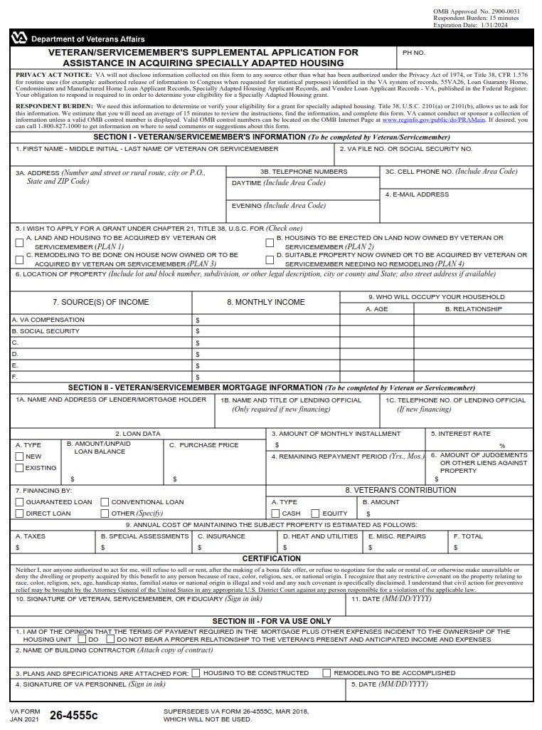 VA Form 264555c Veteran/Servicemember’s Supplemental Application for Assistance in Acquiring