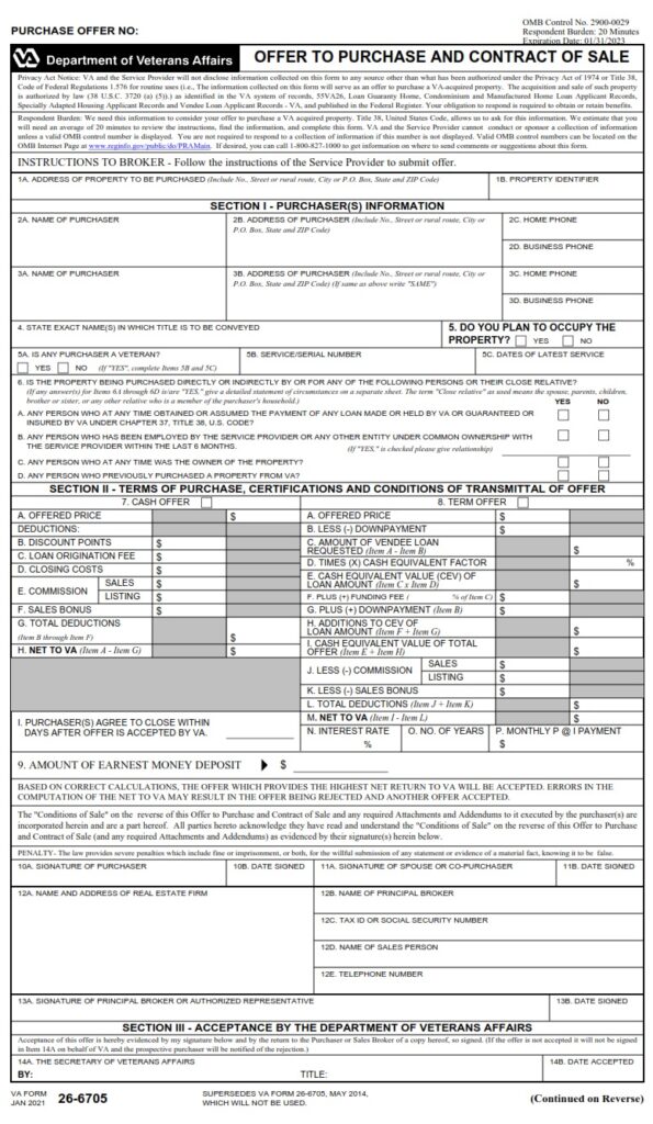 VA Form 26-6705 – Offer to Purchase and Contract of Sale - VA Forms