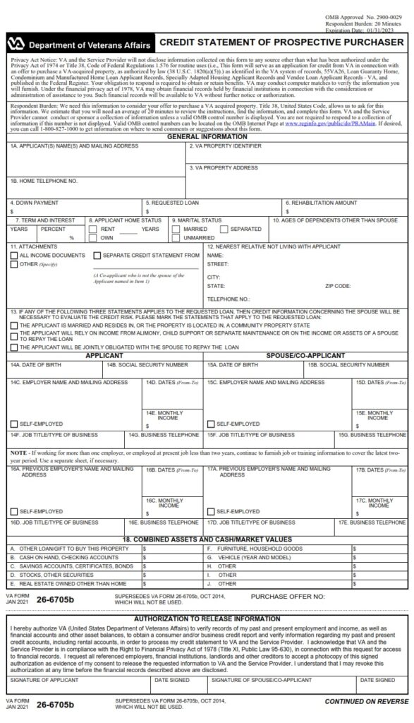 VA Form 266705b Credit Statement of Prospective Purchaser VA Forms