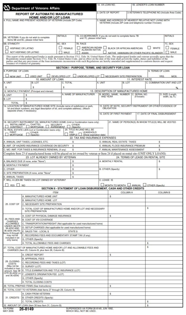 VA Form 26-8149 – Report of Automatic Manufactured Home and/or Lot Loan ...