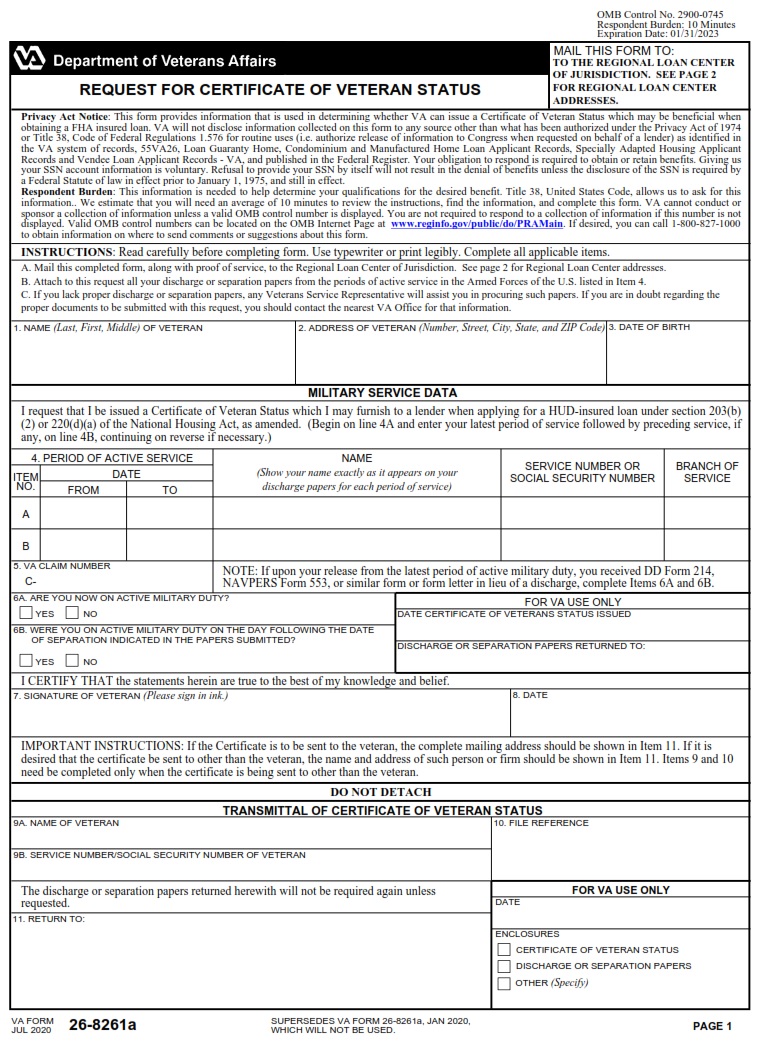 VA Form 26-8261a - Page 1