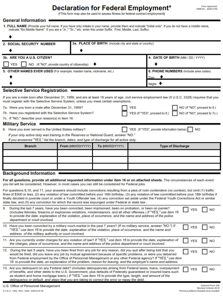 VA Form OF-306 – Declaration for Federal Employment - VA Forms