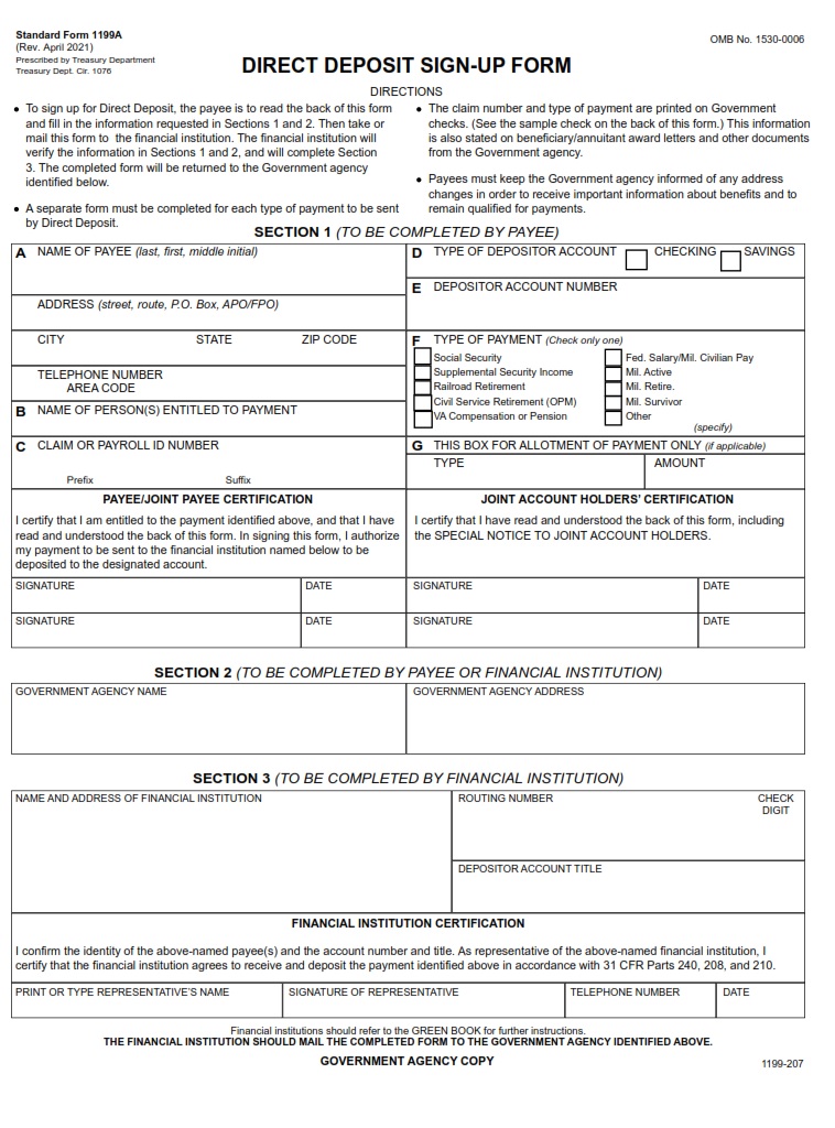 VA Form SF 1199a Direct Deposit Sign Up Form VA Forms