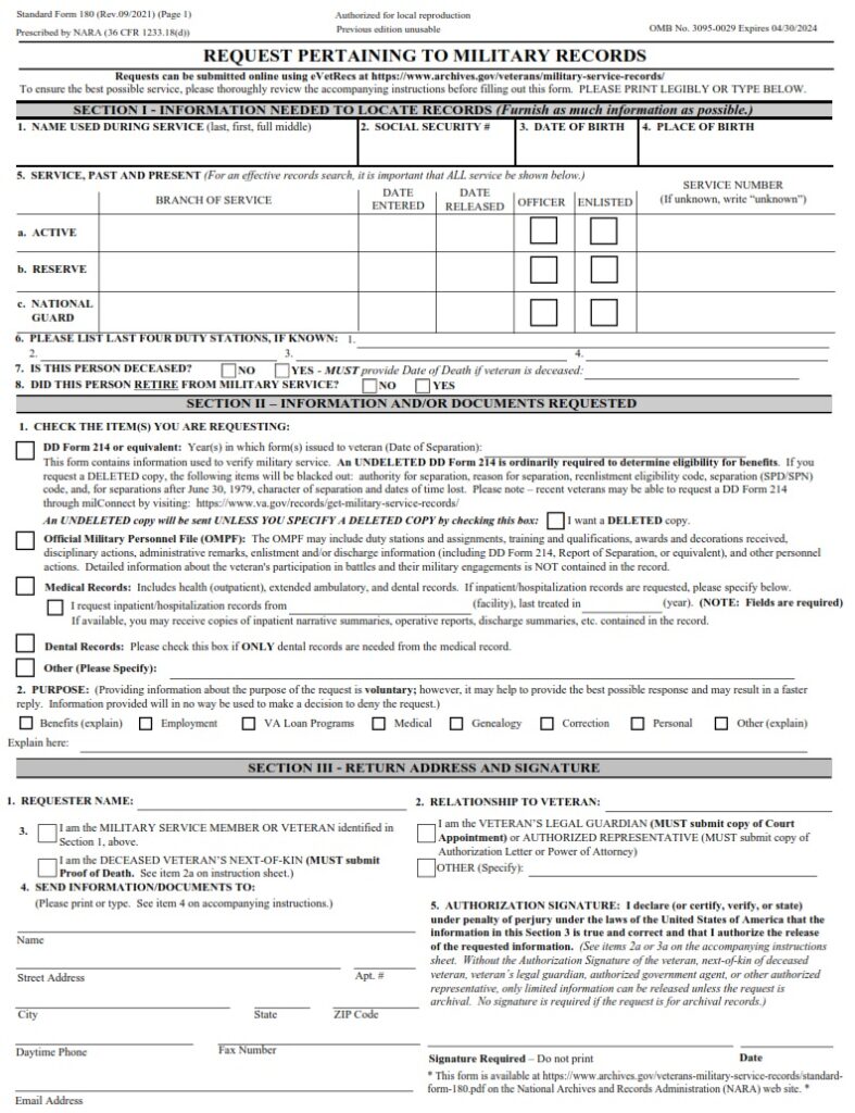 VA Form SF180 – Request Pertaining to Military Records - VA Forms