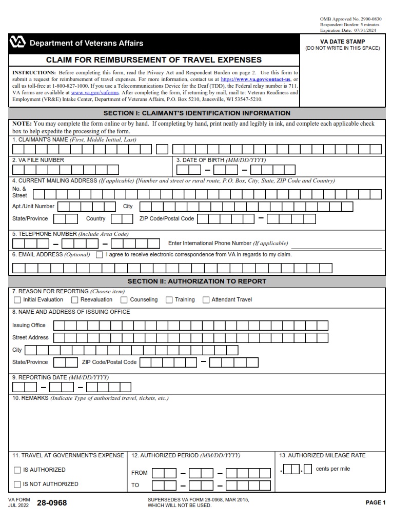 VA Form 20-0968 - Page 1