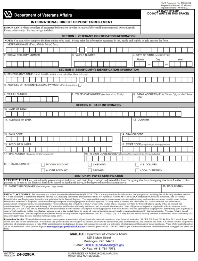 Va Form 24-0296a – International Direct Deposit Enrollment - Va Forms