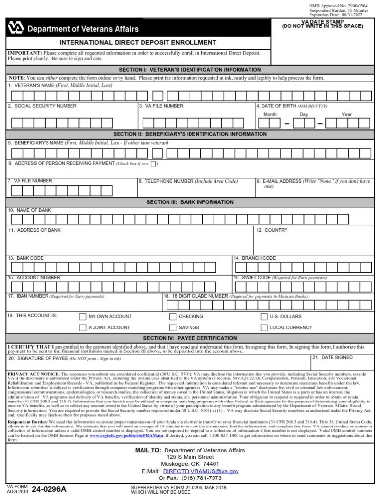 VA Form 24-0296A – International Direct Deposit Enrollment - VA Forms