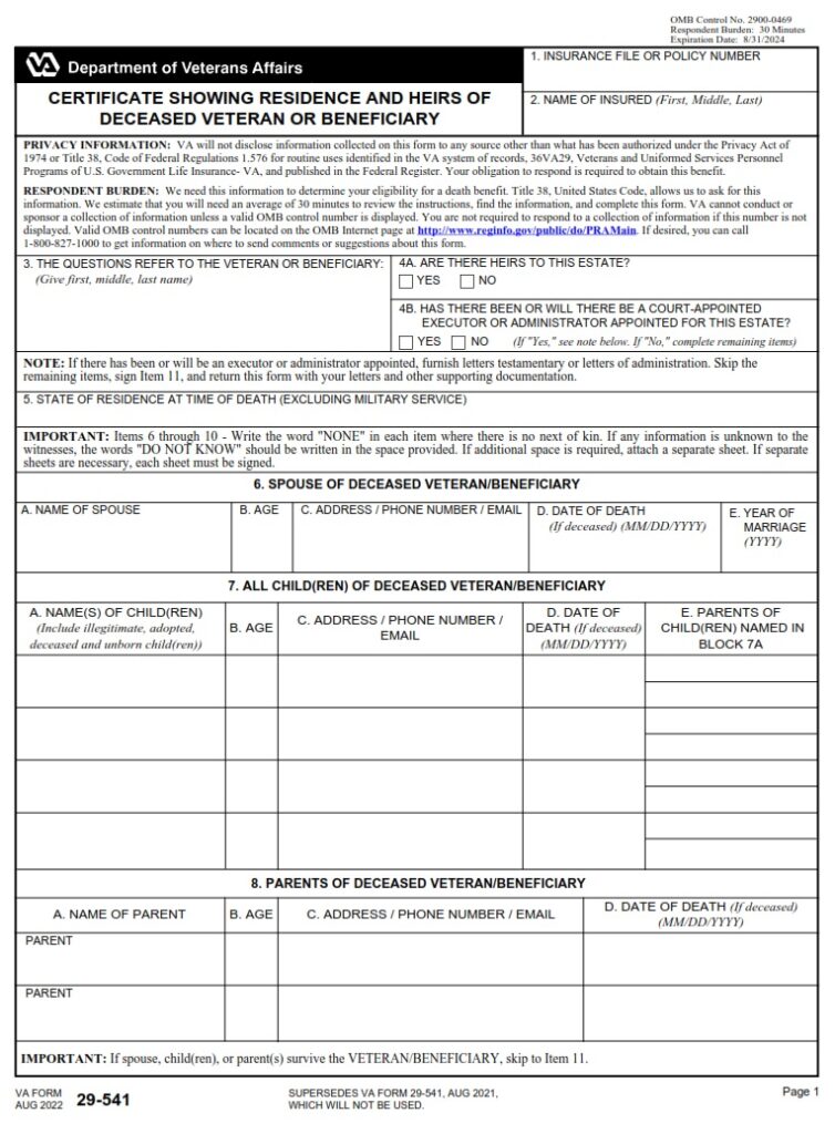 VA Form 29541 Certificate Showing Residence and Heirs of Deceased