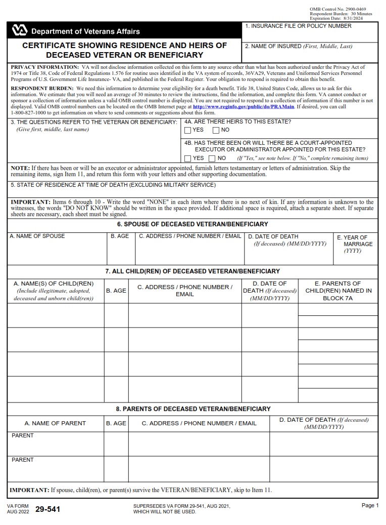 VA Form 29-541 - Page 1