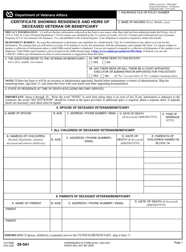 VA Form 29 541 Certificate Showing Residence And Heirs Of Deceased 