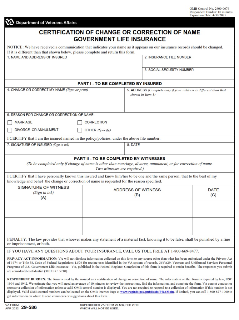 VA Form 29-586 