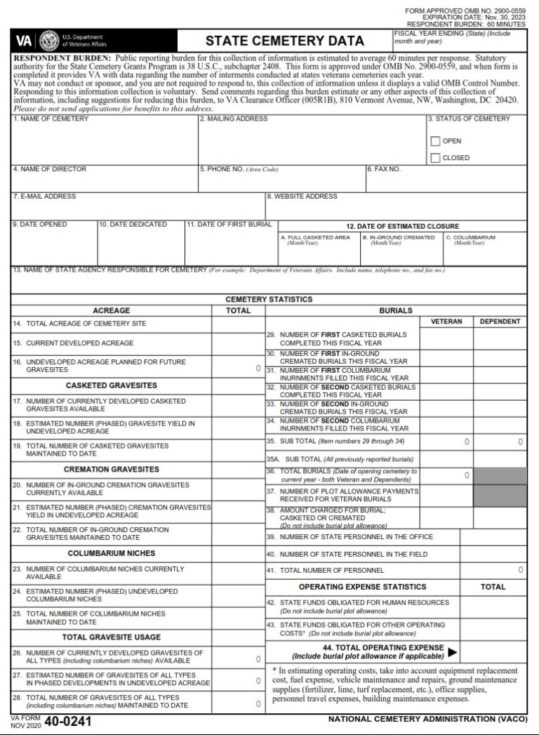 VA Form 40-0241 – State Cemetery Data - VA Forms