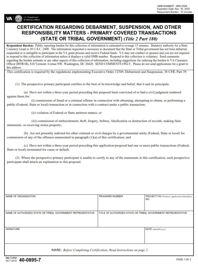 VA Form 4008957 Certification Regarding Debarment, Suspension, and