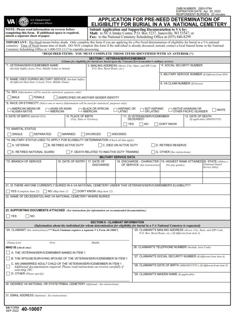 VA Form 40-10007 – Application for Pre-Need Determination of ...