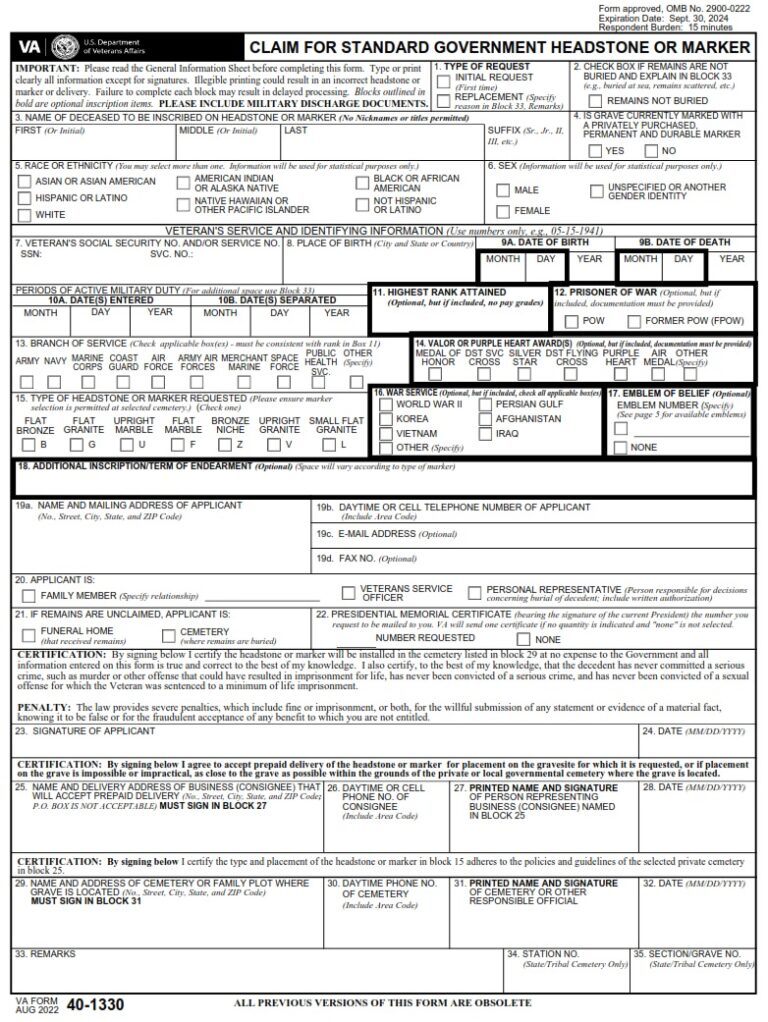 VA Form 40-1330 – Claim for Standard Government Headstone or Marker ...