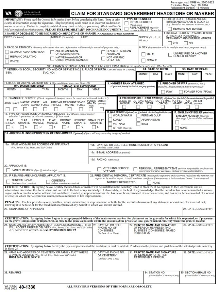 VA Form 40-1330 – Claim for Standard Government Headstone or Marker ...