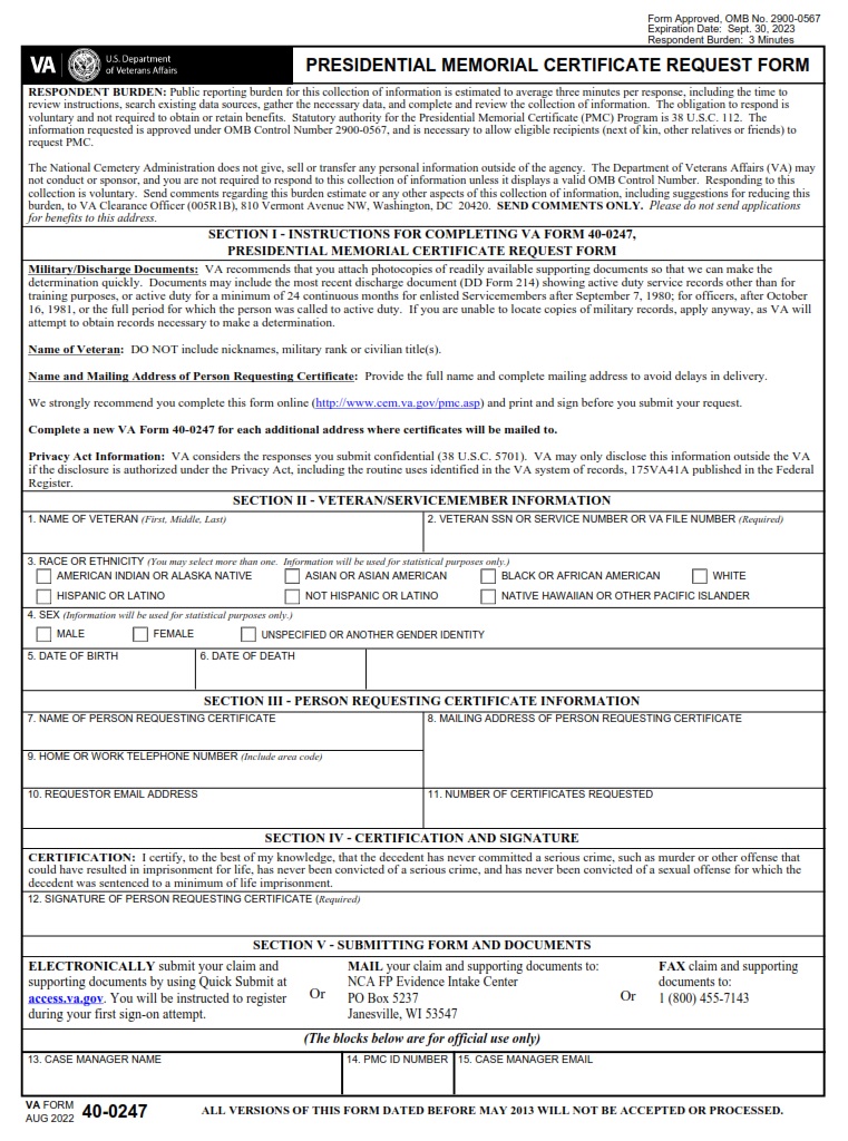 VA Form 40 40 0247 Presidential Memorial Certificate Request Form 